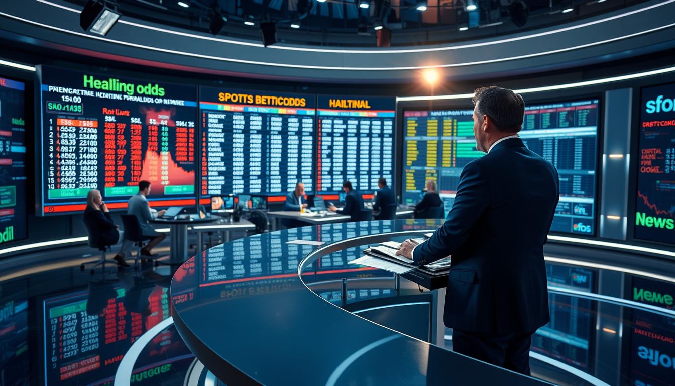 A well-lit, high-definition newsroom scene with a large digital display broadcasting the latest sports betting odds and headlines. In the foreground, a news anchor stands at a sleek, modern desk, engaged in a lively report. The middle ground features a team of analysts poring over data and charts, while the background showcases a dynamic, data-rich news ticker. The overall atmosphere conveys a sense of authority, credibility, and immediacy, capturing the essence of finding reliable sports betting news.