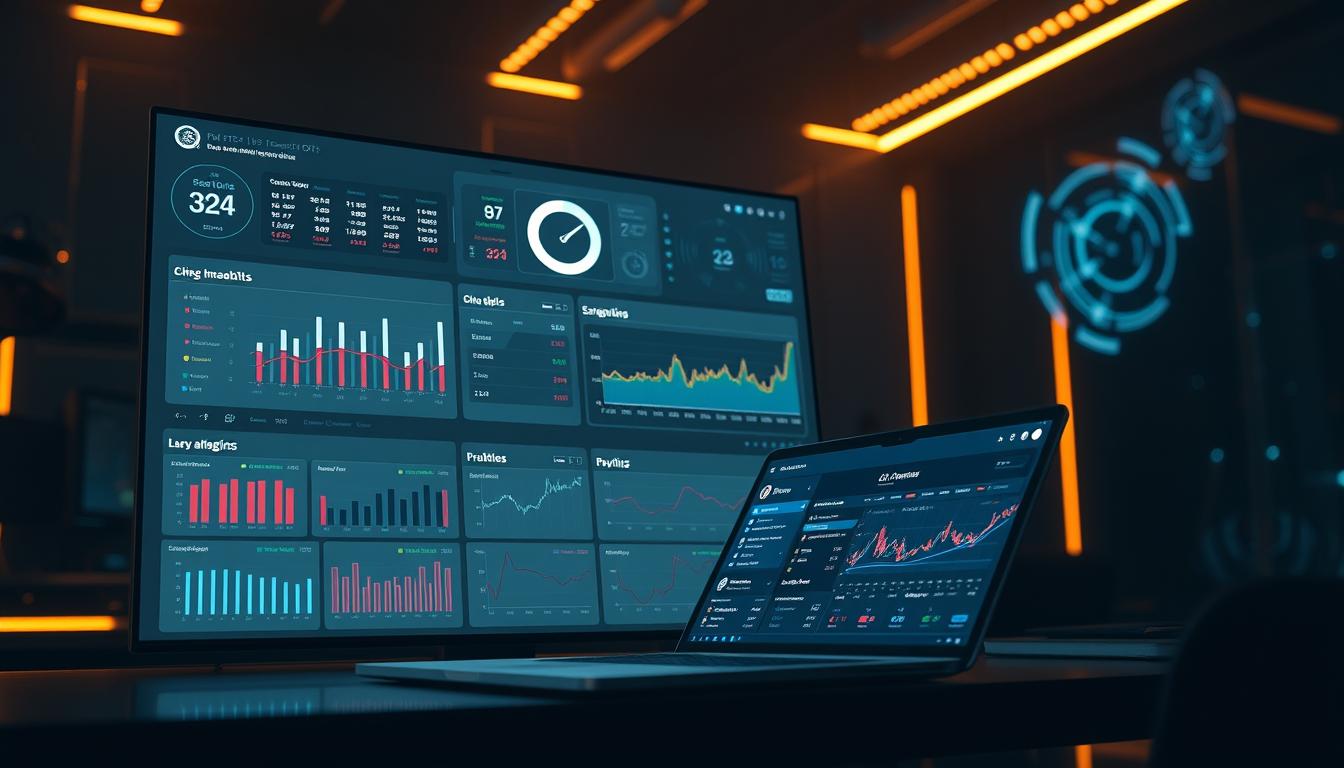 A high-tech betting dashboard displays real-time data and analytics on a sleek, minimalist interface. The foreground features a diverse array of charts, graphs, and interactive visualizations, showcasing betting trends, splits, and key performance indicators. In the middle ground, a laptop or tablet displays a comprehensive betting analysis, with sophisticated algorithms crunching the data. The background depicts a dimly lit, futuristic office environment, with geometric patterns and holographic projections evoking the cutting-edge nature of modern betting technology. Warm, focused lighting creates a sense of depth and emphasizes the precision and sophistication of the tools and resources available to the discerning bettor.