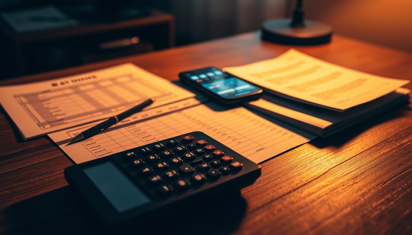 Betting unit calculation: a neatly organized spreadsheet on a sturdy wooden desk, illuminated by warm, focused lighting that casts subtle shadows. In the foreground, a calculator and a stack of betting slips sit atop the desk, conveying a sense of careful financial planning. The middle ground features a smartphone or tablet displaying a betting app interface, showcasing the digital tools used for managing betting units. The background subtly blurs, drawing the viewer's attention to the core elements of the scene - the physical and digital tools that enable the understanding and management of betting units.