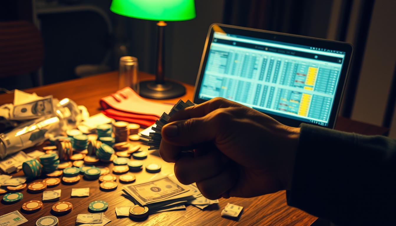 A disorganized betting table with scattered chips, crumpled betting slips, and an overturned glass, all bathed in the warm glow of a green-shaded lamp. In the foreground, a hand clutches a wad of cash, the fingers clenched in frustration. The middle ground features a laptop displaying a complex spreadsheet, its screen reflecting the worried expression of the bettor. The background is a dimly lit room, with shadows creeping in, suggesting the weight of poor betting decisions. The overall atmosphere conveys the sense of regret and financial turmoil associated with common mistakes in managing betting units.