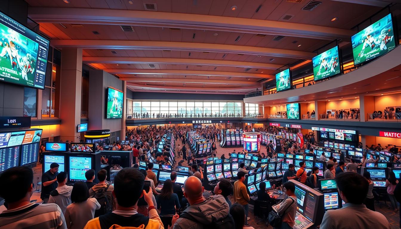 A vibrant and bustling sports betting arena, with a diverse array of popular betting sports taking center stage. In the foreground, a group of enthusiastic fans engrossed in live sports action, their faces lit by the glow of digital displays showcasing odds and statistics. In the middle ground, a variety of betting kiosks and interactive terminals, where patrons can easily place their wagers. The background is filled with a panoramic view of the venue, with high ceilings, sleek modern architecture, and a sense of energy and excitement. The lighting is warm and inviting, creating a lively atmosphere that draws in the sports enthusiasts. The overall scene captures the thrill and anticipation of the most popular betting sports, ready to captivate the Japanese audience.