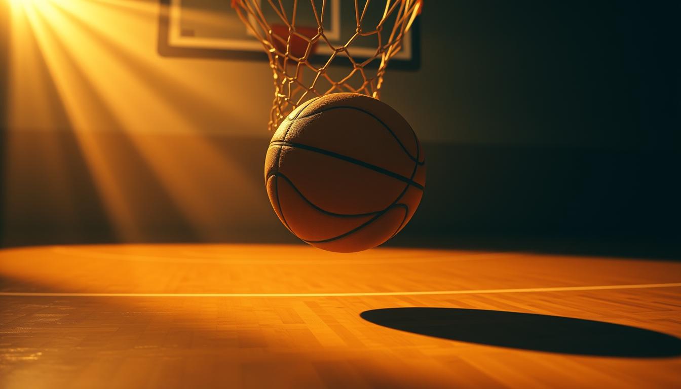 A beautifully lit close-up of a basketball hoop and backboard, with a basketball poised just before the net, frozen in mid-air. The court surface is glossy and reflective, casting a sharp shadow of the ball. Warm, golden light bathes the scene, creating a sense of anticipation and drama. The background is blurred, placing the focus entirely on the basketball's trajectory and the decisive moment before it falls through the hoop. The composition is symmetrical and visually striking, capturing the essence of a "first basket" in a high-stakes basketball game.