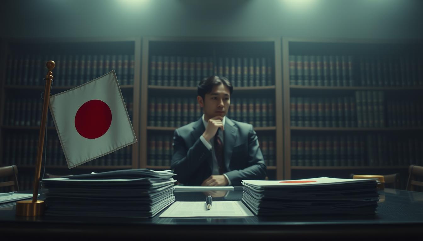 A dimly lit office interior, with a desk in the foreground featuring a Japanese flag and a stack of legal documents. In the middle ground, a businessman in a suit sits contemplatively, hand on chin, surrounded by bookshelves filled with law volumes. The background is hazy, suggesting the weight and complexity of Japan's gambling regulations. Soft, muted lighting casts long shadows, creating a pensive, serious atmosphere. The composition conveys a sense of the legal and regulatory challenges surrounding the gambling industry in Japan.