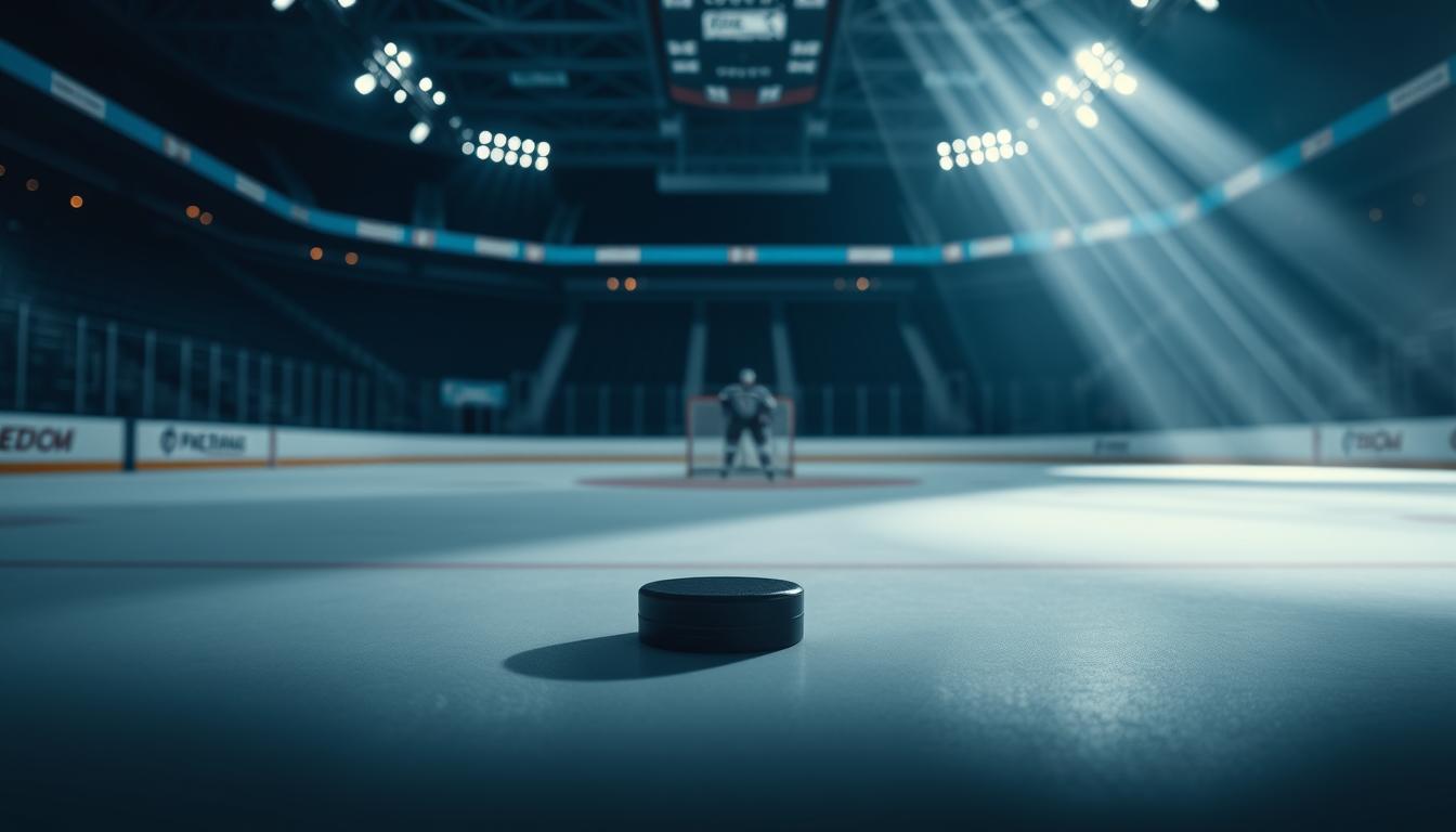 A modern, minimalist hockey rink in a dimly lit arena, with dramatic lighting casting long shadows across the ice. In the foreground, a hockey puck sits against a clean, white surface, symbolizing the NHL betting basics. The middle ground features hockey sticks, gloves, and a jersey, hinting at the players and strategy involved. The background is blurred, creating a sense of depth and focus on the key elements. The overall mood is sleek, sophisticated, and evocative of the high-stakes world of NHL sports betting.