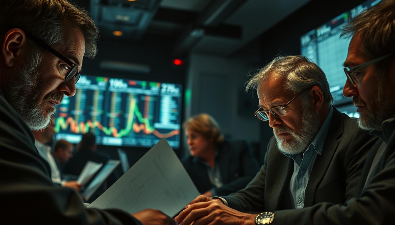A dimly lit, high-stakes trading floor. Weathered faces of seasoned bettors intently studying financial charts, their expressions a mix of concentration and calculated risk. The air is thick with the intensity of their insights, gleaned from years navigating the complexities of alt points. Subtle lighting casts dramatic shadows, creating a sense of urgency and focus. In the background, a towering digital display presents the ever-shifting landscape of alternative investment opportunities. This is the realm of the professional bettor, where split-second decisions and unwavering nerve determine the path to success.