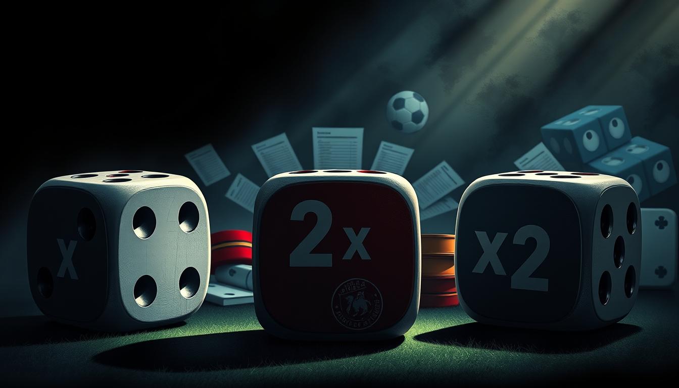 A high-contrast, richly detailed illustration depicting the different betting outcomes for 1x, 2x, and x2 sports wagers. Set against a dark, atmospheric background, the foreground features three large dice with the corresponding numerical outcomes clearly displayed on their sides. The middle ground showcases a series of betting slips and sports paraphernalia, hinting at the broader gambling context. Dramatic lighting casts dramatic shadows, creating a sense of tension and anticipation. The overall mood is one of strategic thinking and calculated risk-taking, reflecting the nuances of these distinct betting types.