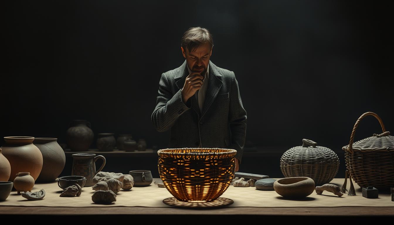 A dimly lit scene with a table displaying various historical artifacts, such as ancient clay pots, stone tools, and woven baskets. In the foreground, a basket with a unique design sits prominently, surrounded by a halo of soft, warm lighting, subtly drawing the viewer's attention. In the middle ground, a historian in a tweed jacket stands in contemplation, examining the basket with a magnifying glass, their expression conveying a sense of puzzlement and intrigue. The background is shrouded in a muted, sepia-toned atmosphere, suggesting an air of mystery and the passage of time. The overall composition evokes a sense of scholarly exploration and the unveiling of hidden truths about the origins and significance of the first baskets.