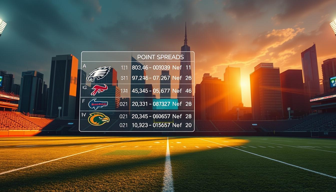 A vibrant, high-resolution image of a football field against a cityscape backdrop, with a detailed visualization of NFL point spreads. The field is illuminated by warm, dramatic lighting, casting long shadows across the turf. In the foreground, a holographic display projects various point spread data, including team logos, point differentials, and odds. The middle ground features an array of sports betting screens and statistics, while the background showcases the towering skyscrapers of a bustling city skyline. The overall atmosphere conveys the excitement and tension of professional football betting, with a focus on the critical role of point spreads in understanding the game.