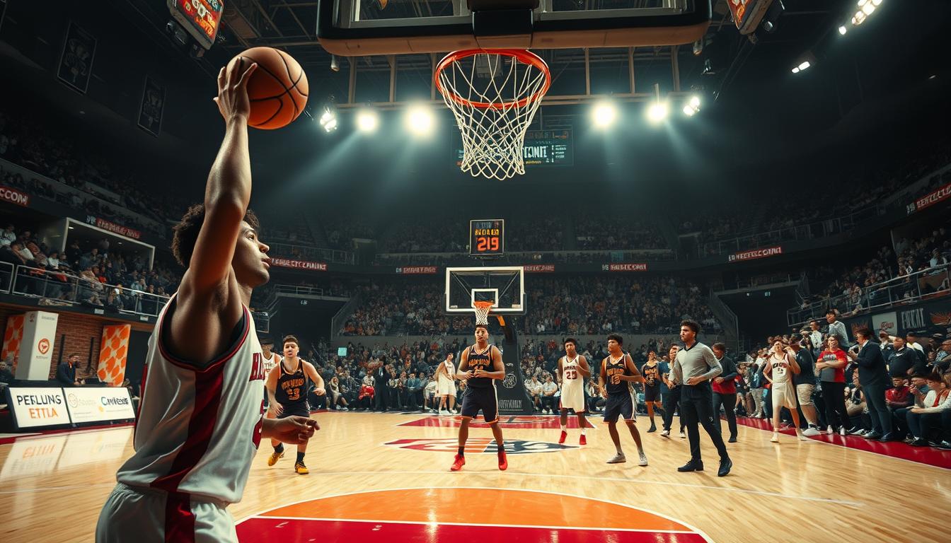 A dramatic courtside scene depicting the influential impact of the first basket in a basketball game. In the foreground, a player sinks the decisive shot, their expression intense as the ball arcs gracefully through the hoop. In the middle ground, teammates and opponents react with a mix of celebration and dejection, the momentum of the game palpable. The background showcases the arena, spectators frozen in anticipation, the bright lights casting dramatic shadows and highlights. Capture the thrill, tension, and game-changing nature of that pivotal first basket, rendered in a cinematic, high-contrast style with a focus on dynamic camera angles and emotive character poses.