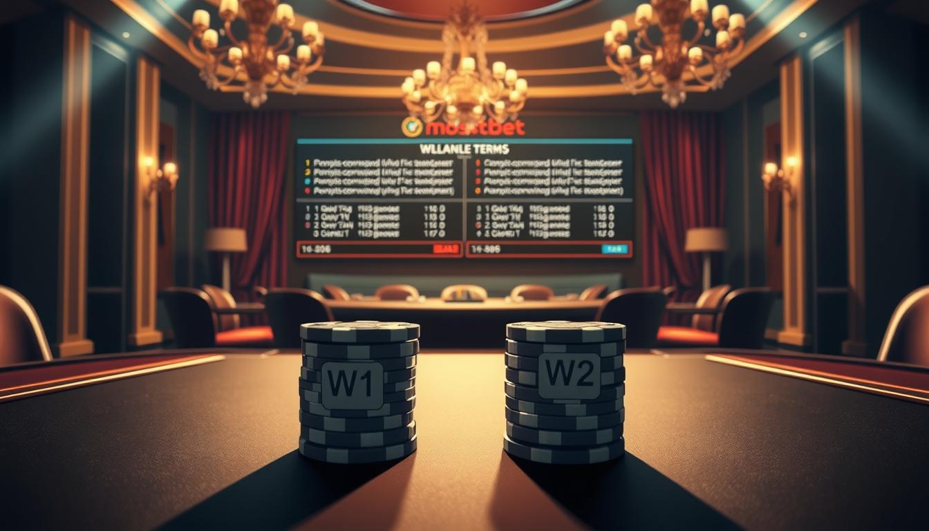 A detailed illustration of W1 and W2 in the Mostbet betting platform. In the foreground, two stacks of casino chips labeled "W1" and "W2" sit on a sleek, modern table, casting long shadows. In the middle ground, a digital display shows the numerical values and explanations of these two key betting terms. The background is a dimly lit, elegant casino setting with plush curtains, chandeliers, and a sense of anticipation. The lighting is dramatic, with sharp contrasts and highlights that emphasize the importance and technicality of these concepts. The overall atmosphere conveys a sense of strategic decision-making and high-stakes gaming.