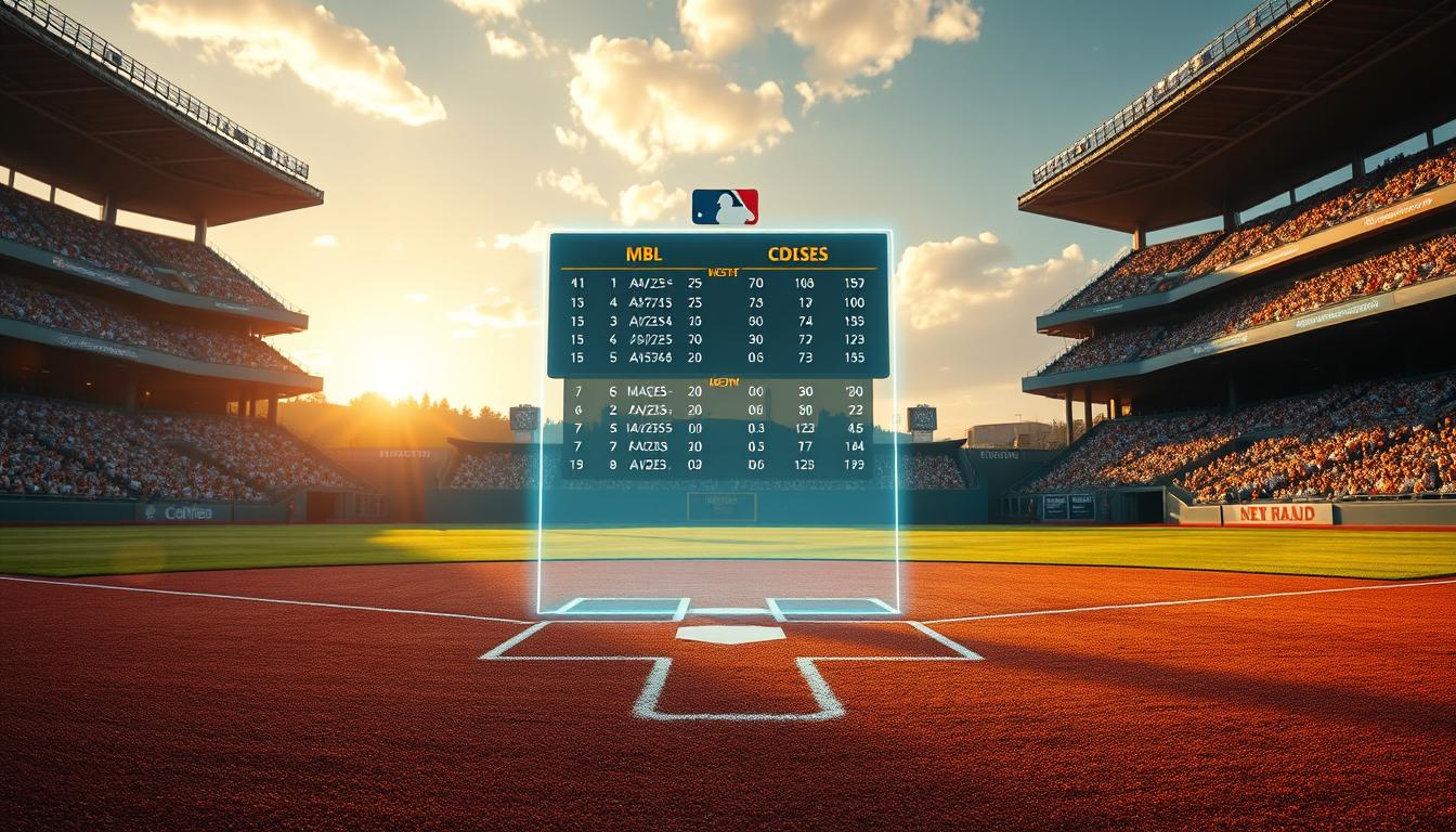 A baseball diamond with a holographic scoreboard displaying live betting odds for MLB games. The infield is meticulously manicured, with the pitcher's mound and bases prominently featured. The outfield is filled with lush, verdant grass, bathed in warm, golden sunlight. In the background, the stands are packed with enthusiastic fans, their silhouettes blurred against a vibrant, cloudless sky. The scene is captured with a cinematic, wide-angle lens, creating a sense of immersion and grandeur. The overall mood is one of excitement and anticipation, reflecting the thrill of live sports betting.