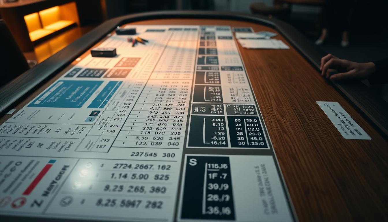 A professional betting table with detailed numerical splits and statistics presented in a clean, analytical layout. The table is backlit with soft, directional lighting, creating a contemplative, research-driven atmosphere. The numbers and data visualizations are crisp and legible, inviting the viewer to study the insights meticulously. The table surface has a subtle wood or metal grain, lending an air of sophistication. Subtle camera angle from above, capturing the table in its entirety along with the surrounding environment, which is blurred to maintain focus on the key information.