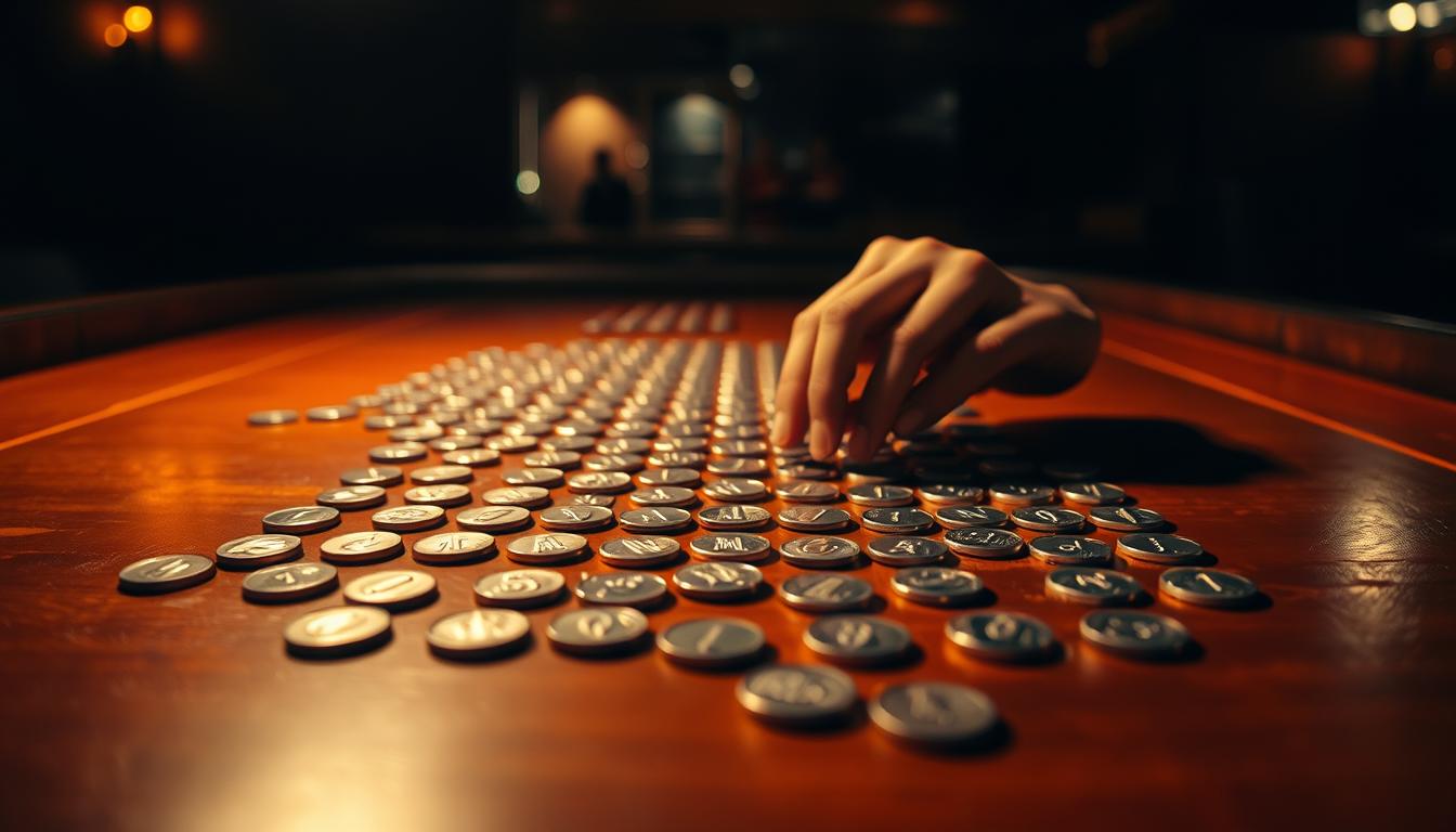 A dimly lit sports betting table, with an array of dimes neatly arranged in an over-under pattern. The table surface is a rich, polished wood, casting warm reflections. In the foreground, a pair of hands carefully placing dimes, strategically positioning them to visualize the potential outcomes. The background is softly blurred, creating a sense of focus on the central betting strategy. Subtle lighting from above casts shadows, adding depth and drama to the scene. The overall mood is one of analytical contemplation, as the bettor meticulously plans their next move in the pursuit of sports betting success.