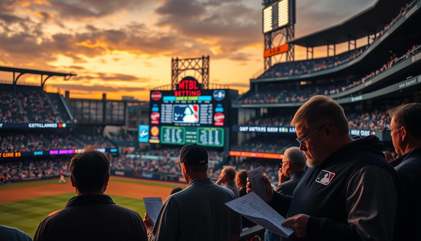 A bustling MLB stadium at dusk, the field cast in a warm golden glow. In the foreground, a group of fans intently studying their betting sheets, dimes in hand, as they ponder their next wager. The middle ground features a large digital scoreboard displaying the latest game odds and statistics. In the background, the iconic stadium architecture and cheering crowds create an immersive atmosphere of anticipation and excitement. The lighting is dramatic, casting long shadows and highlighting the focused expressions of the bettors. The camera angle is slightly elevated, providing a panoramic view of the scene, emphasizing the scale and energy of this dime-based MLB betting experience.