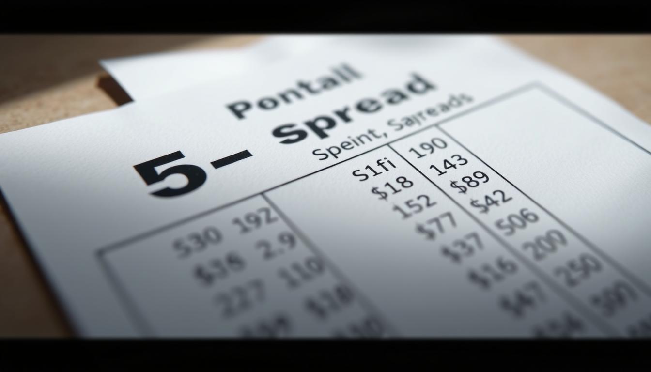 A detailed close-up of a sports betting slip with a -5 point spread analysis, set against a neutral background. The slip is neatly laid out, highlighting the key figures and statistics in a clean, organized manner. The lighting is soft and natural, casting gentle shadows to accentuate the textured surface of the paper. The camera angle is slightly elevated, creating a sense of depth and emphasizing the analytical nature of the scene. The overall mood is one of focused concentration, inviting the viewer to carefully examine and understand the nuances of the -5 point spread.