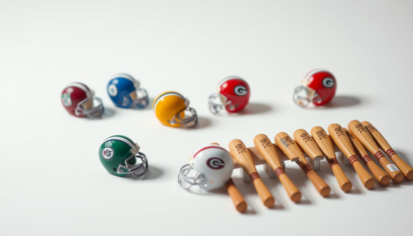 A close-up shot of an array of betting units representing the National Football League (NFL) and Major League Baseball (MLB), set against a crisp, white background. The NFL units, modeled as miniature football helmets, are arranged in a dynamic, diagonal formation, their sleek designs and vibrant team colors creating a sense of energy and competition. The MLB units, designed as small baseball bats, are positioned in a more orderly, parallel arrangement, reflecting the strategic, analytical nature of baseball betting. Soft, directional lighting casts subtle shadows, adding depth and dimension to the scene, while a shallow depth of field keeps the focus firmly on the betting units, emphasizing their significance in the world of sports wagering.