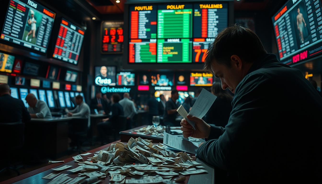 A bustling betting parlor, dimly lit and filled with the hum of anxious patrons. In the foreground, a person hunched over a betting slip, brow furrowed in concentration, about to make a reckless wager. Behind them, a jumble of scattered betting slips and discarded tickets litter the countertop, symbolizing past mistakes. In the background, the large screens display a kaleidoscope of sports scores and odds, creating a sense of overwhelming information. The lighting is moody, with sharp shadows cast across the scene, evoking the emotional turmoil of making poor betting decisions. The overall atmosphere conveys the common pitfalls of impulsive, uninformed betting.