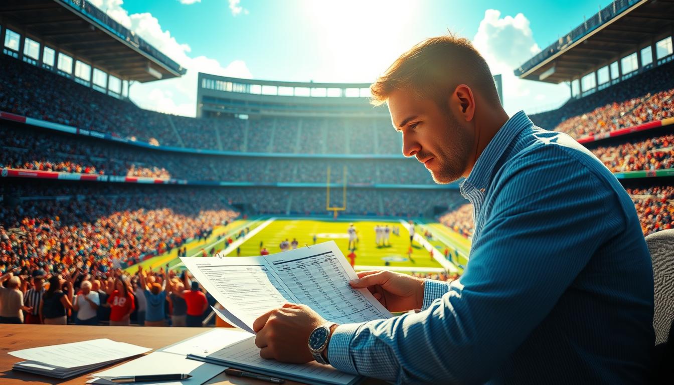 An NFL stadium on a sunny afternoon, filled with cheering fans. In the foreground, a sports analyst sits at a desk, poring over a spreadsheet of NFL odds and point spreads. The stadium looms in the background, its grand architecture and vibrant colors creating a dynamic contrast. The analyst's face is illuminated by the warm, natural lighting, conveying an air of focused concentration as they interpret the intricate data. The image should convey the excitement and technicality of understanding football spreads, with a sense of professionalism and attention to detail.