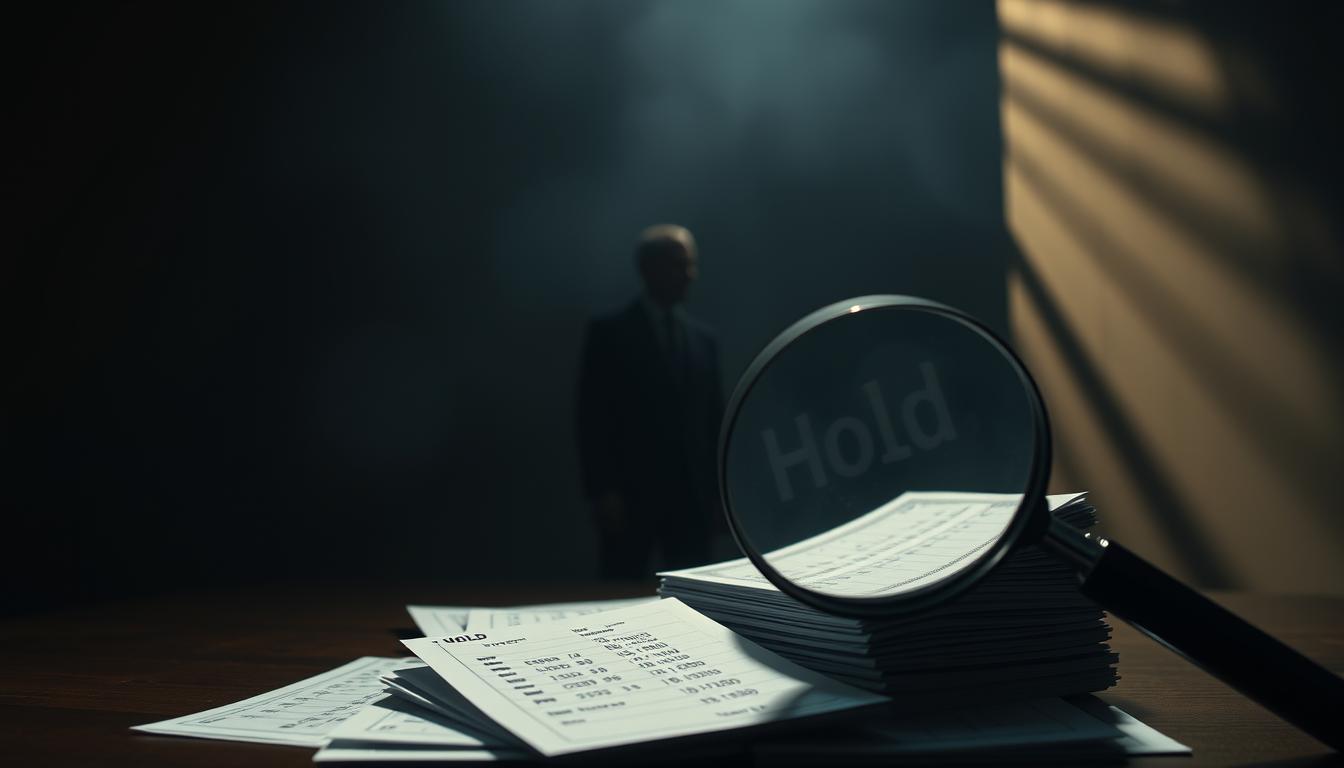 A dimly lit room, shadows playing across the walls, as a figure stands contemplating a stack of betting slips. The background is hazy, a sense of uncertainty and confusion permeating the scene. In the foreground, a magnifying glass hovers above the betting slips, highlighting the complex calculations and misconceptions surrounding the concept of "hold" in sports betting. The lighting is soft, casting a warm glow on the scene, but the overall mood is somber, reflecting the weight of the topic at hand. The camera angle is slightly elevated, giving the viewer a sense of observing the scene from a detached, analytical perspective.