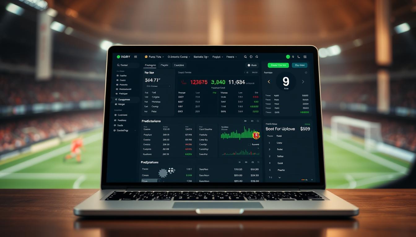 A modern, sleek betting tips software interface with a clean, minimal design. In the foreground, a laptop or tablet screen displays various sports betting statistics, odds, and predictions, all presented in a clear, data-driven layout. The background features a subtle sports-themed texture, such as a blurred stadium or arena, conveying the excitement and anticipation of sports betting. The lighting is soft and warm, creating a professional and trustworthy atmosphere. The overall composition emphasizes the software's user-friendly functionality and the promise of helping users "beat the bookie" through reliable, data-driven betting tips.