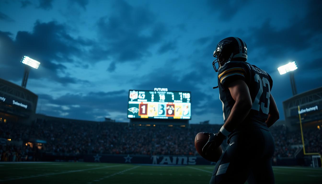 A dimly lit sports stadium at dusk, the field illuminated by floodlights casting long shadows. In the foreground, a football player in an NFL uniform stands poised, ball in hand, ready to score a touchdown. Behind him, a large scoreboard displays NFL team logos, odds, and stats, representing the futures and touchdown bet strategies. The middle ground features spectators in the stands, their faces a blend of anticipation and excitement. In the background, the silhouettes of the stadium architecture and the night sky create a sense of energy and possibility, hinting at the thrill of the game and the unpredictability of betting on its outcomes.