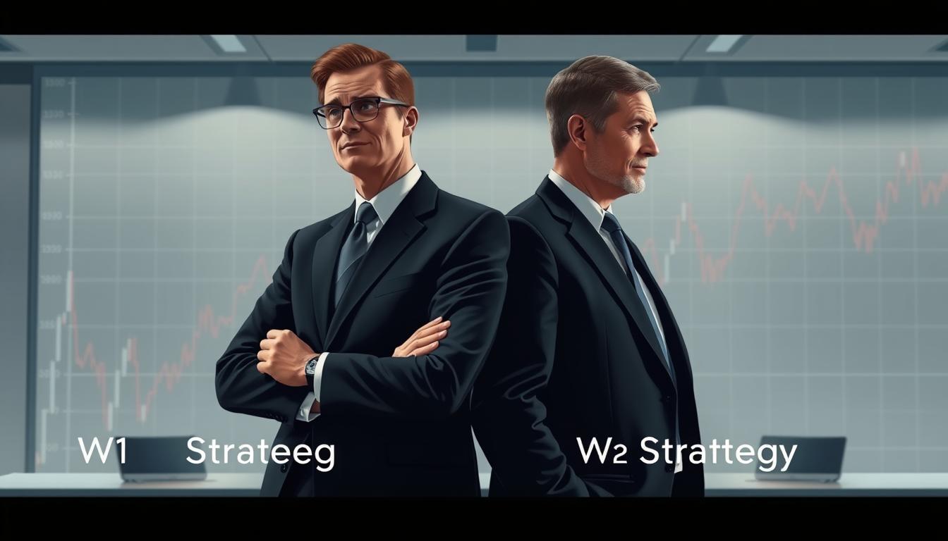 A detailed illustration of two distinct betting strategies, "W1 Strategy" and "W2 Strategy", against a backdrop of a financial chart. The foreground depicts two well-dressed individuals engaged in a thoughtful discussion, their expressions conveying the nuances of each approach. The middle ground showcases a sleek, modern office environment, with clean lines and neutral tones. In the background, a complex financial graph undulates, representing the analytical considerations that underpin the two strategies. The lighting is soft and directional, creating depth and emphasizing the key elements. The overall mood is one of professional deliberation, where expertise and informed decision-making take center stage.