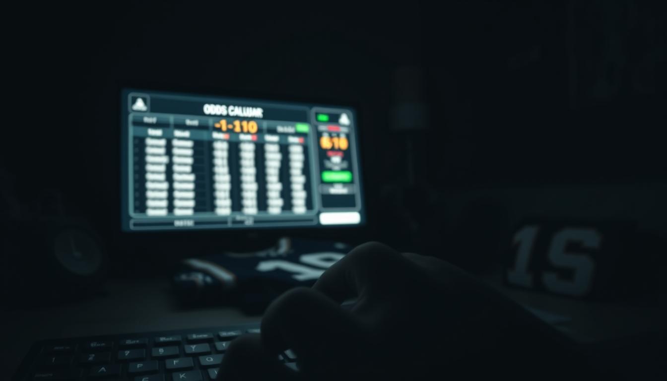 A darkened room, the glow of a computer screen illuminating a sports betting odds calculator. In the foreground, a hand hovers over the keyboard, focused on the "-110" displayed prominently. The middle ground features a sports jersey and betting slips, symbolizing the high-stakes world of football gambling. The background is blurred, creating a sense of intensity and concentration, with muted colors and shadows conveying the gravity of the situation. Moody lighting casts dramatic shadows, emphasizing the weight of the decision at hand. The scene exudes a sense of contemplation and the need for careful analysis to unlock the best odds for football betting success.