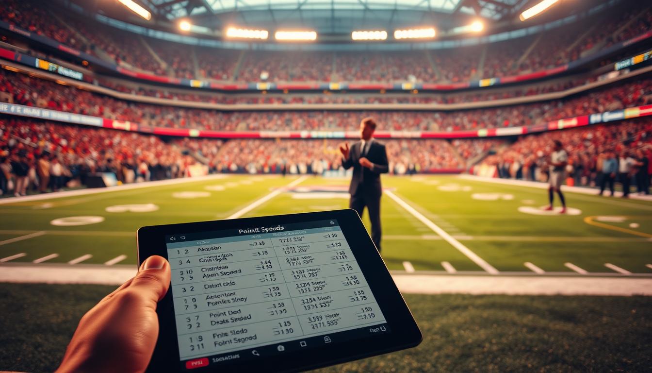 A professional American football stadium, with the gridiron field in crisp focus. In the foreground, a touchscreen tablet displaying detailed odds and point spreads for upcoming NFL games. The middle ground features two sports commentators engaged in a lively discussion, gesticulating as they analyze the potential impact of alternate point totals on betting outcomes. The background showcases the bustling atmosphere of the stadium, with fans cheering and the iconic silhouettes of the players warming up on the field. The lighting is warm and dramatic, capturing the intensity and anticipation of game day. The lens is wide, providing a panoramic view that emphasizes the scale and energy of the NFL betting experience.