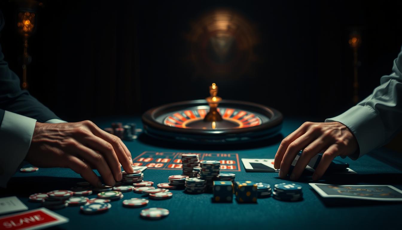 A dimly lit casino table with a spread of betting chips, dice, and cards. In the foreground, a pair of hands carefully arranging the betting chips, hinting at a well-planned betting strategy. The middle ground features a roulette wheel spinning, its hypnotic motion capturing the essence of risk and anticipation. In the background, the chiaroscuro lighting creates a moody, atmospheric ambiance, drawing the viewer's focus to the decisive moment of the wager. The overall scene conveys a sense of calculated risk-taking, the thrill of the gamble, and the strategic mastery of the seasoned bettor.