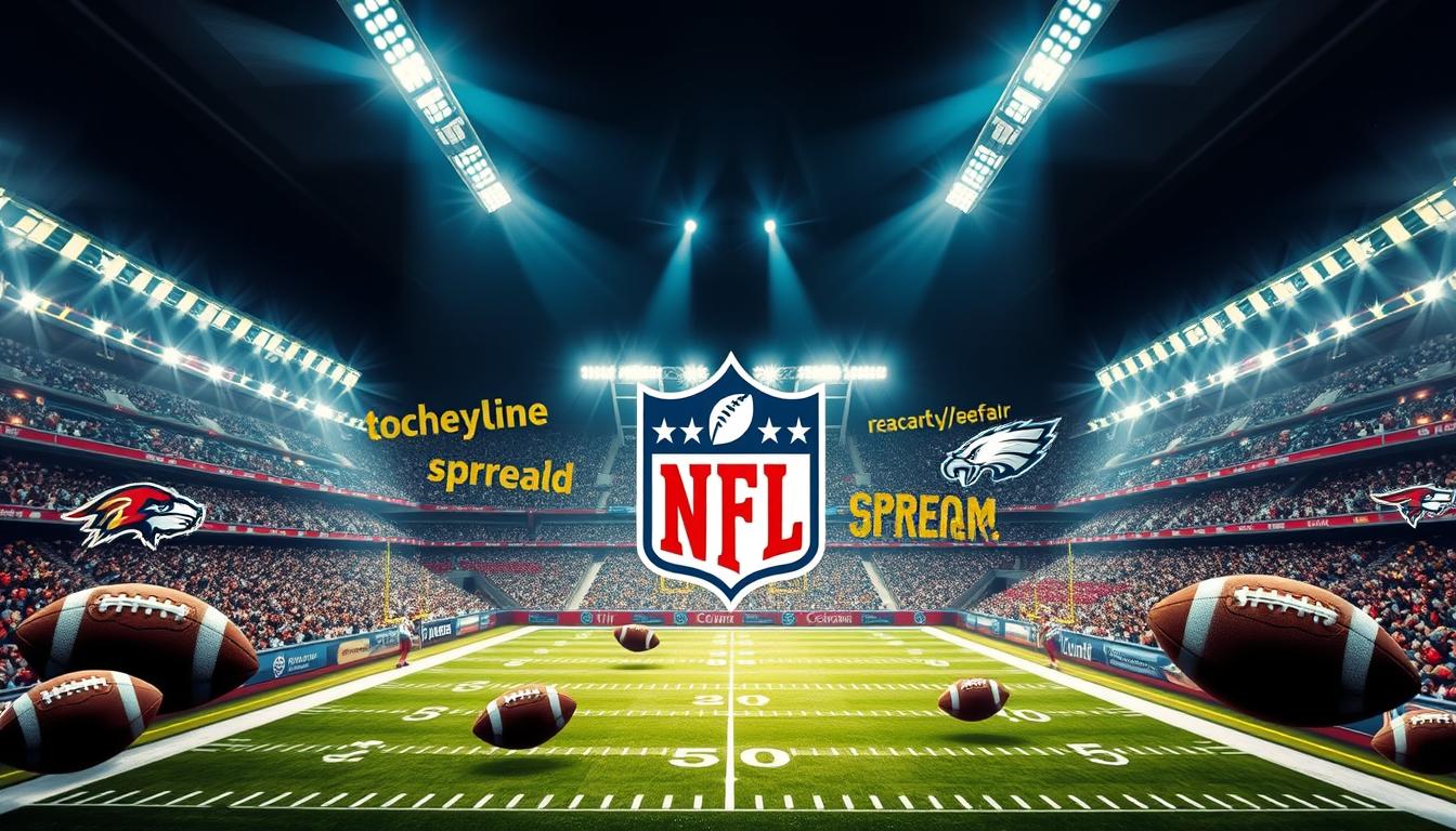 Dramatic sports stadium overhead, with a detailed collage of NFL team logos, football balls, and betting terminology in the foreground. Bright stadium lighting and dynamic camera angles create an immersive, high-stakes atmosphere. Dominant color palette of navy, gold, and red. Seamless integration of sports betting jargon like "anytime touchdown", "spread", "moneyline", "over/under" into the composition. Crisp, high-resolution photorealistic rendering with cinematic depth of field.