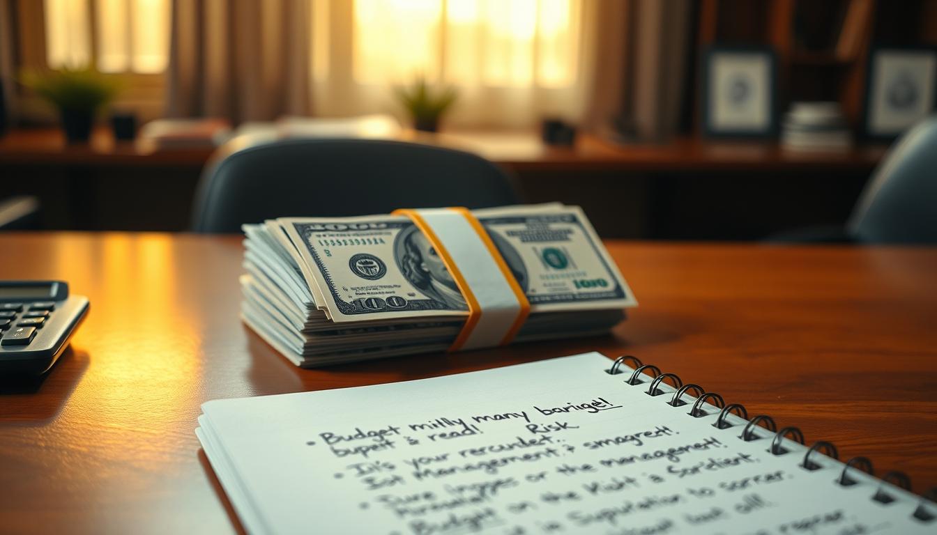 A stack of neatly arranged hundred-dollar bills sitting on a polished wooden desk, illuminated by a soft, warm light from an unseen source. In the foreground, a calculator and a notebook with handwritten notes on budgeting and risk management. The background is blurred, suggesting a serene and professional office setting, emphasizing the importance of responsible bankroll management. The overall composition conveys a sense of order, discipline, and financial control, reflecting the key principles of effective bankroll management.
