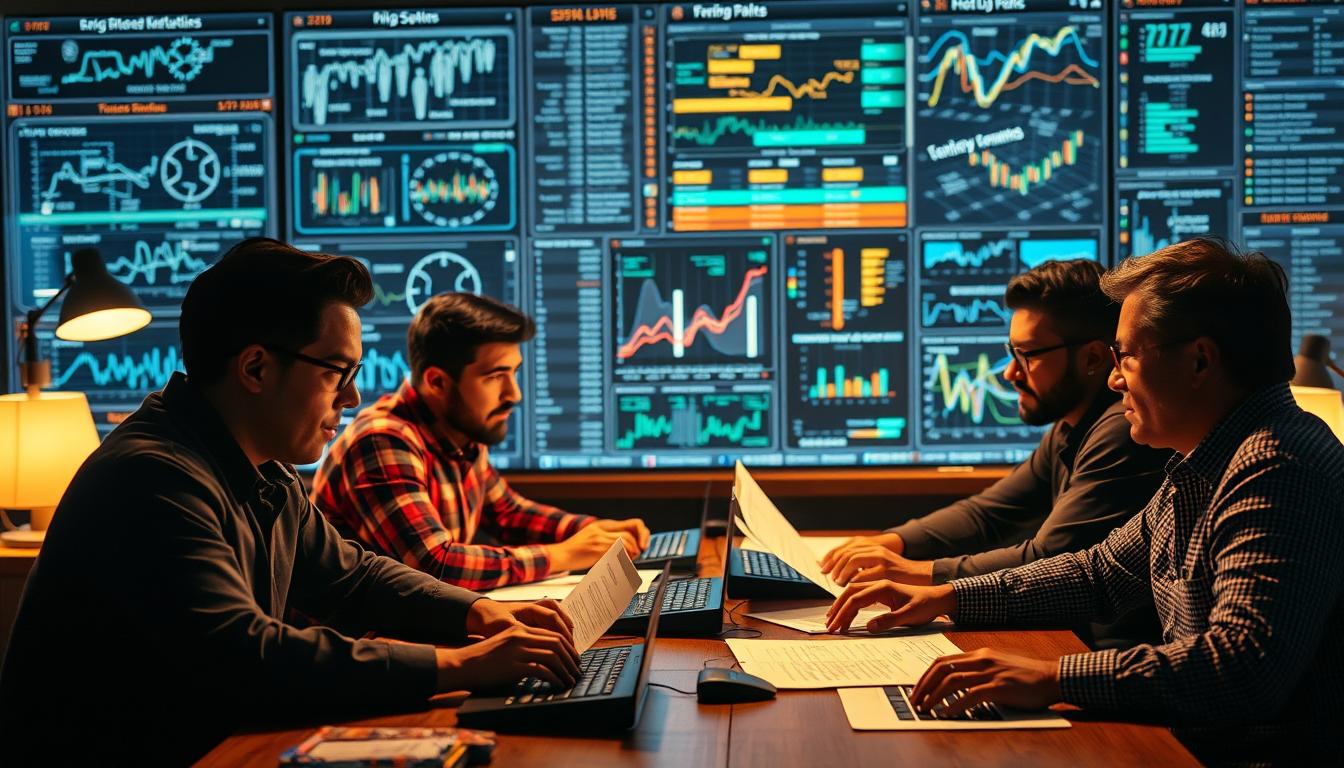 A group of sharp-eyed bettors sit at a table, poring over data charts and statistical models. The scene is bathed in the warm glow of desk lamps, casting dramatic shadows across their focused expressions. In the background, a large screen displays complex algorithms and visualizations, reflecting their data-driven approach to predicting game outcomes. The bettors' posture conveys a sense of intensity and determination, their fingers rapidly tapping on keyboards as they refine their analysis. The overall atmosphere evokes a high-stakes, analytical environment where decisive insights are born from meticulous study of the numbers.