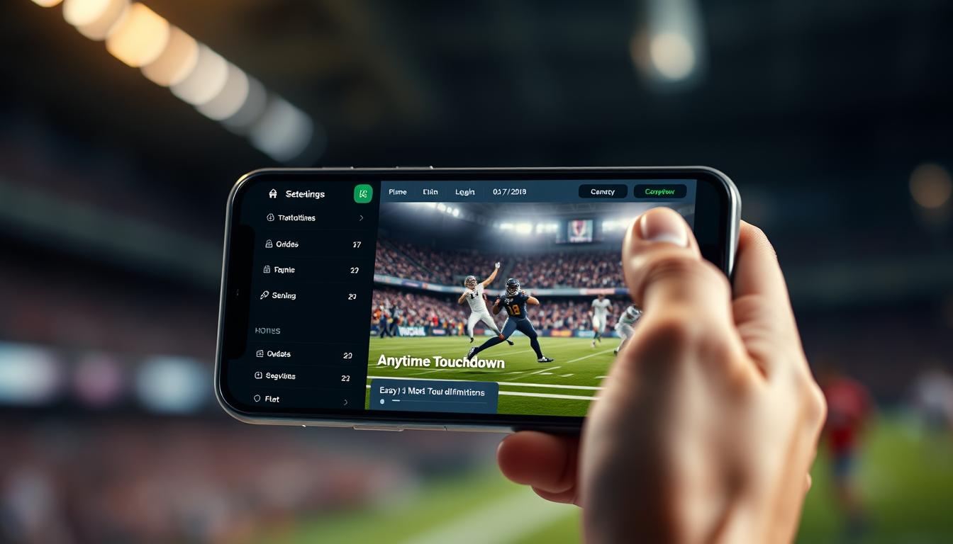 A modern mobile device held in hand, its screen displaying a sleek and intuitive sports betting interface. The foreground features a clean, minimalist design with clear odds, live game updates, and easy-to-navigate menus. The middle ground showcases a vibrant, high-definition match in progress, capturing the excitement and drama of an Anytime Touchdown play. The background subtly blurs, drawing the viewer's attention to the mobile experience, conveyed through a soft, warm lighting that evokes a sense of engagement and anticipation. The overall composition and attention to detail create a visually striking and immersive representation of the online betting experience.