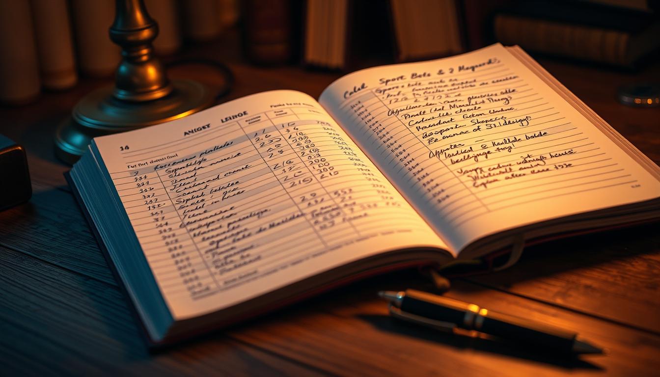 A ledger book open on a wooden desk, its pages filled with meticulous handwritten records of sports bets and wagers. The pages are illuminated by a warm desk lamp, casting a cozy glow over the scene. In the foreground, a pen rests next to the ledger, ready to jot down the latest betting details. The background is blurred, focusing the viewer's attention on the centrally positioned ledger and the act of carefully tracking one's betting activity. The mood is contemplative, as if the viewer is about to immerse themselves in the discipline of responsible gambling and financial record-keeping.