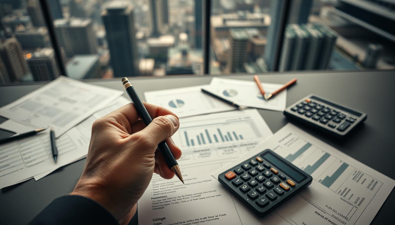 A well-lit overhead view of a betting table with carefully arranged financial documents, betting slips, and a calculator. In the foreground, a hand holds a pen, poised to analyze risk and manage bets. The background features a blurred cityscape, conveying the high-stakes world of sports betting. Muted colors and a serious, contemplative atmosphere set the tone for responsible risk management. Captured with a wide-angle lens to emphasize the decision-making process and strategic planning involved in successful sports betting.