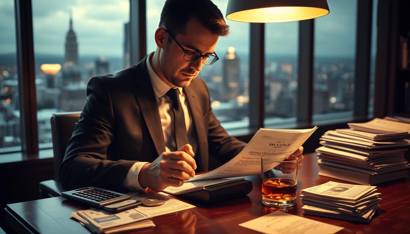 A businessman in a suit scrutinizing financial documents, surrounded by stacks of bills, a calculator, and a glass of whiskey on a mahogany desk. The lighting is soft and warm, casting a glow on the scene. The man's expression is pensive, suggesting the weight of managing betting expenses. In the background, a panoramic window overlooks a bustling cityscape, symbolizing the high-stakes world of betting. The overall atmosphere conveys the delicate balance between risk and responsible financial management.