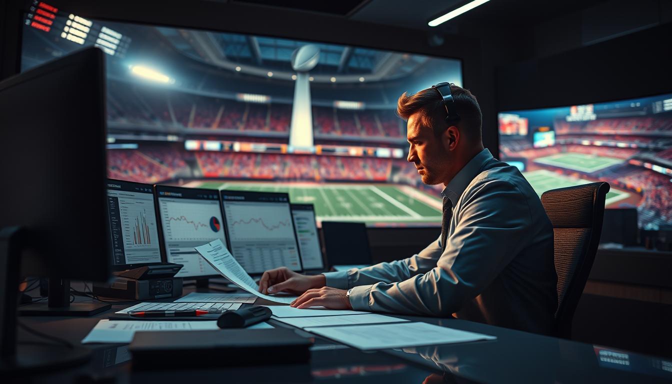 A professional betting analyst sits at a sleek desk, surrounded by various betting charts, graphs, and digital screens. The mood is focused and analytical, with a subtle hint of anticipation for the upcoming Super Bowl. Warm, directional lighting casts a subtle glow, highlighting the analyst's intense concentration as they review complex betting strategies and odds. In the background, a large display showcases a live feed of the Super Bowl stadium, adding a sense of connection to the high-stakes event. The composition emphasizes the analytical process and decision-making that goes into successful Super Bowl betting, conveying a sense of expertise and professionalism.