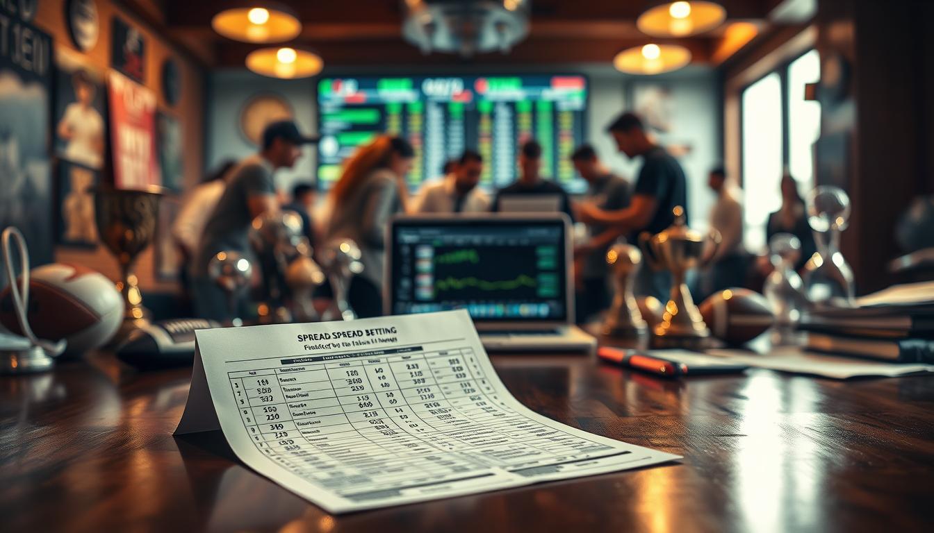 A dynamic sports betting scene unfolds on a polished wooden table. In the foreground, a spread betting slip is prominently displayed, its numbers and symbols meticulously rendered. Surrounding it, an array of sports memorabilia - jerseys, trophies, and betting slips - create a sense of immersion in the world of football spread betting. The middle ground features a laptop displaying live sports data, adding a touch of technology to the tableau. In the background, blurred figures of sports enthusiasts huddle, engrossed in their wagers, creating an atmosphere of anticipation and excitement. Warm, directional lighting accentuates the textures and details, evoking the thrill and intensity of this high-stakes financial activity.