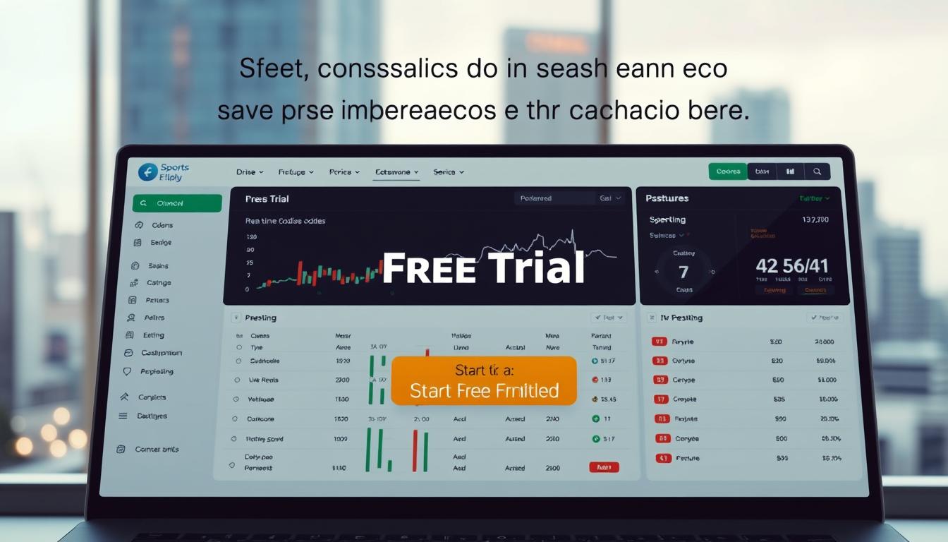 A sleek and modern software interface, showcasing a free trial offer for a sports betting application. The foreground features a clean dashboard with intuitive controls, highlighting key features like real-time odds, live updates, and customizable betting options. The middle ground includes subtle graphical elements like charts, statistics, and an inviting "Start Free Trial" button, conveying a sense of opportunity and potential. The background is a soft, blurred cityscape, evoking the excitement and energy of the sports betting world. The overall mood is one of professionalism, accessibility, and the promise of an edge over the bookies. Lighting is natural and balanced, with a crisp, high-resolution quality to the image.