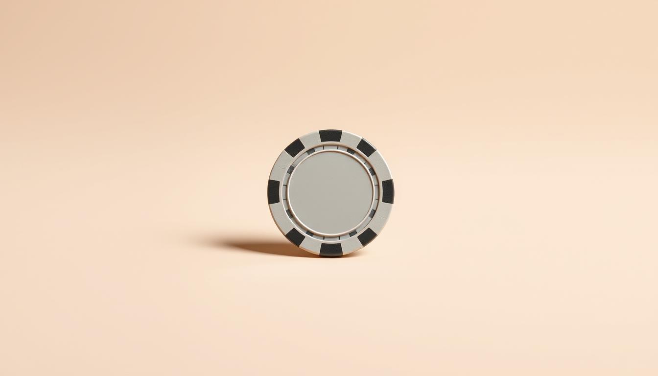A crisp, high-resolution photograph of a single casino or poker chip, centered and filling the frame. The chip should be slightly elevated, casting a soft shadow on a plain, neutral-colored background. The chip's surface should have a realistic sheen, with clear edges and a distinct border. The lighting should be soft and natural, illuminating the chip's details and texture. The overall composition should convey a sense of simplicity, clarity, and focus, highlighting the chip as a representation of a single unit in betting.