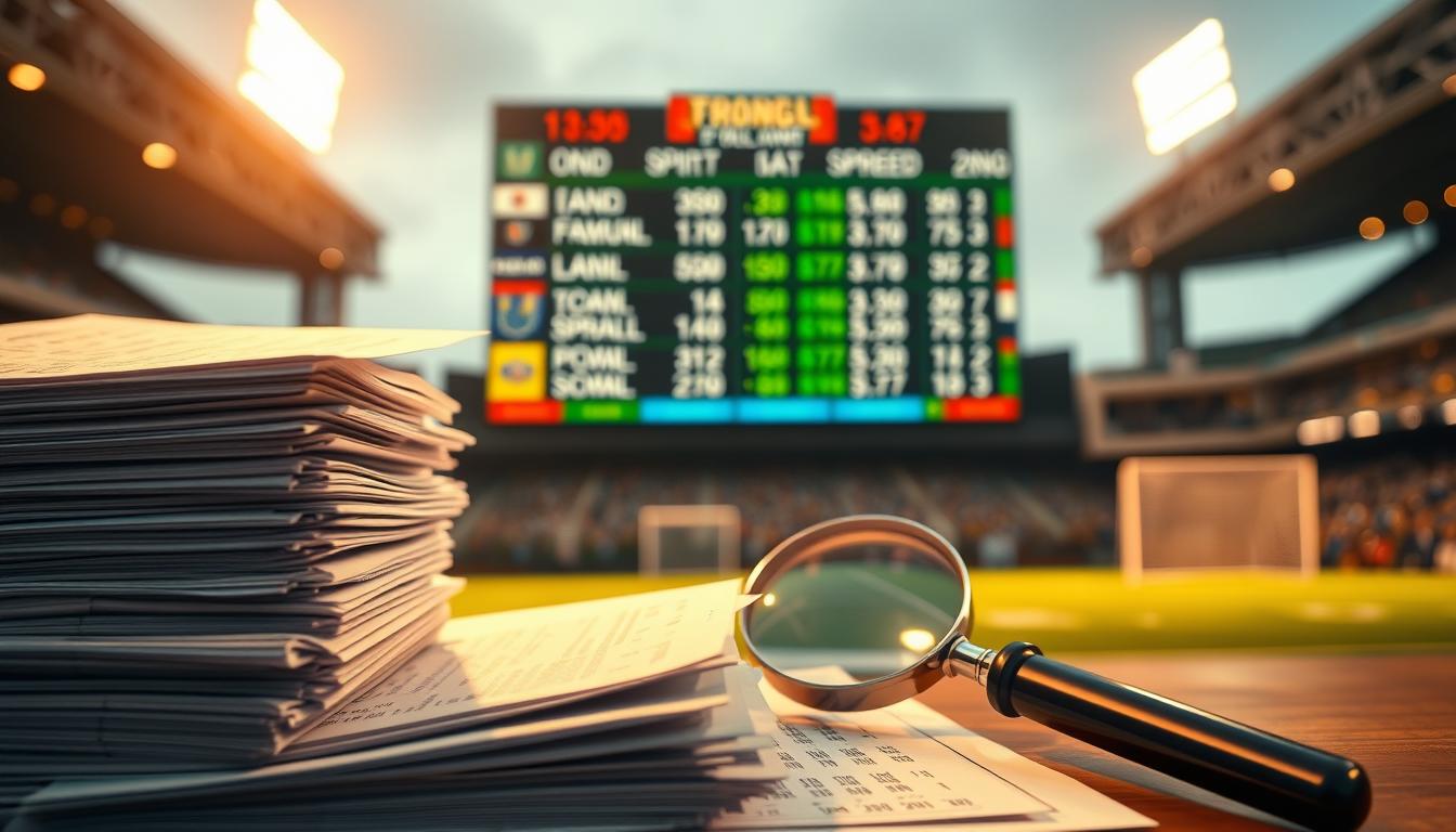 A well-lit, high-resolution, photorealistic image depicting the key factors influencing sports betting point spreads. In the foreground, a stack of sports betting odds and statistics, with a magnifying glass highlighting specific data points. In the middle ground, a sports scoreboard showing various point spread values. In the background, a cityscape or stadium setting, conveying the dynamic and unpredictable nature of sports betting markets. The image should have a clean, elegant composition, with a warm, authoritative color palette and subtle depth of field effects to draw the viewer's attention to the most important elements.
