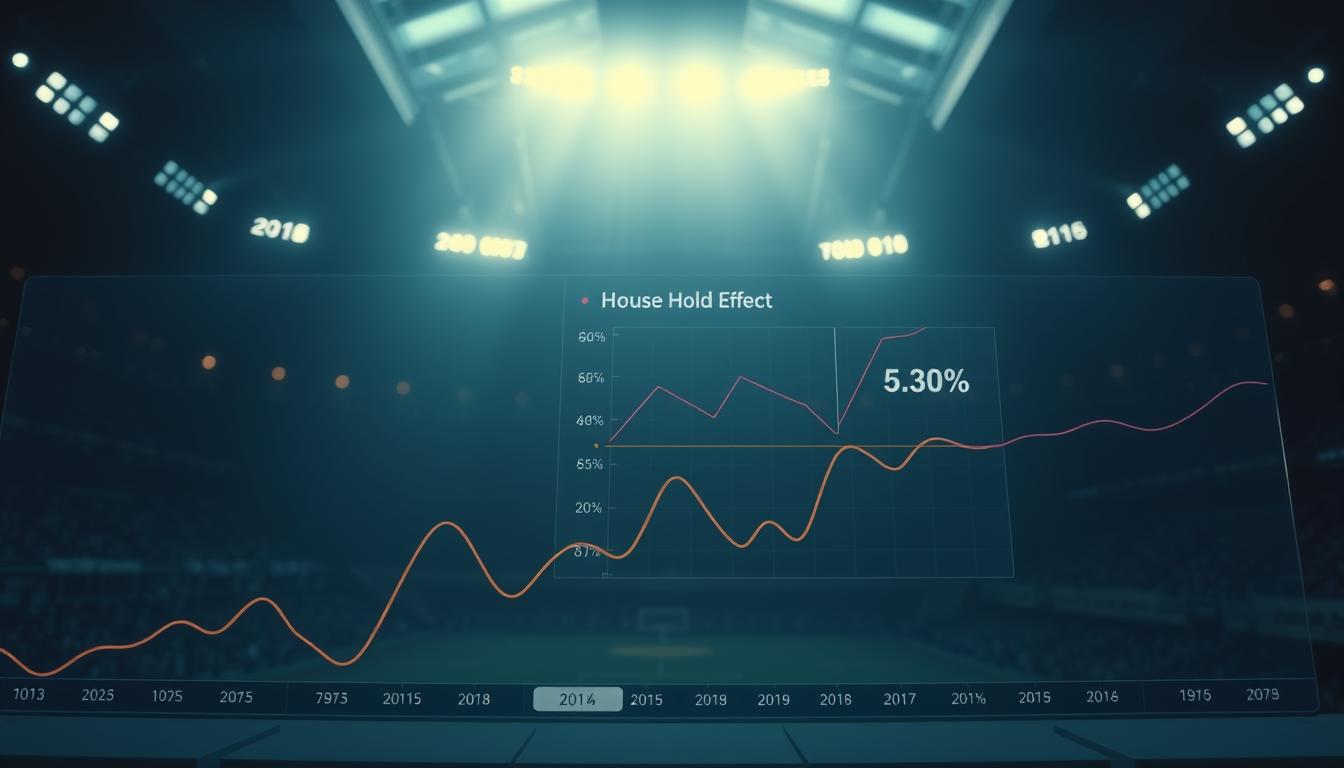 A sports betting analytics dashboard presents a dynamic chart, displaying the relationship between betting odds and the house hold effect. In the foreground, betting odds fluctuate along a colored line graph, while in the middle ground, a detailed chart illustrates the impact of the hold percentage on the overall odds. The background features a dimly lit sports arena, with the faint silhouettes of players and spectators, evoking the excitement and unpredictability of the game. The lighting is soft and moody, creating a contemplative atmosphere as the viewer ponders the intricacies of sports betting strategies.