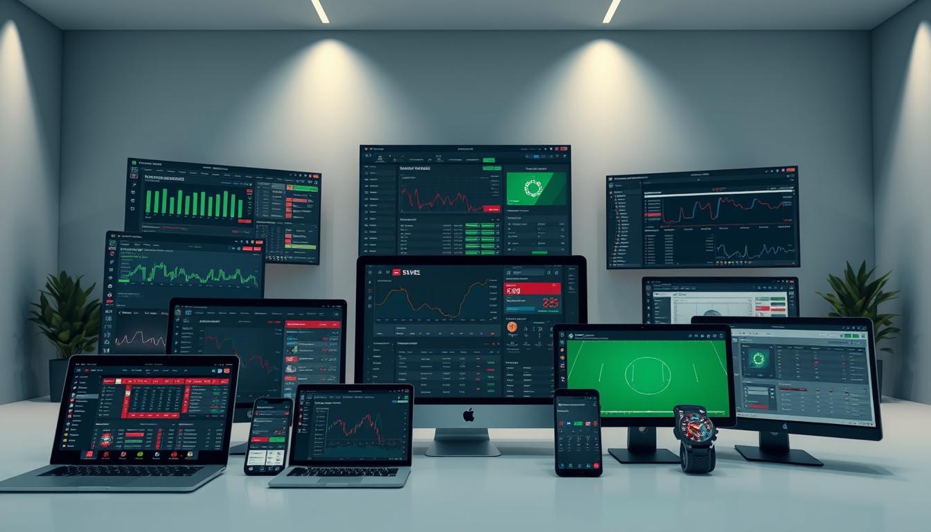 A diverse array of sports betting software displayed in a clean, modern setting. The foreground showcases various interactive interfaces and analytical dashboards, highlighting features like live odds tracking, in-depth statistics, and user-friendly betting slip management. The middle ground depicts fluid transitions between device screens, seamlessly integrating mobile and desktop experiences. In the background, a sleek, minimalist environment with muted tones and subtle lighting accentuates the technological sophistication of the software. The overall atmosphere conveys a sense of professionalism, efficiency, and the promise of an enhanced sports betting experience.