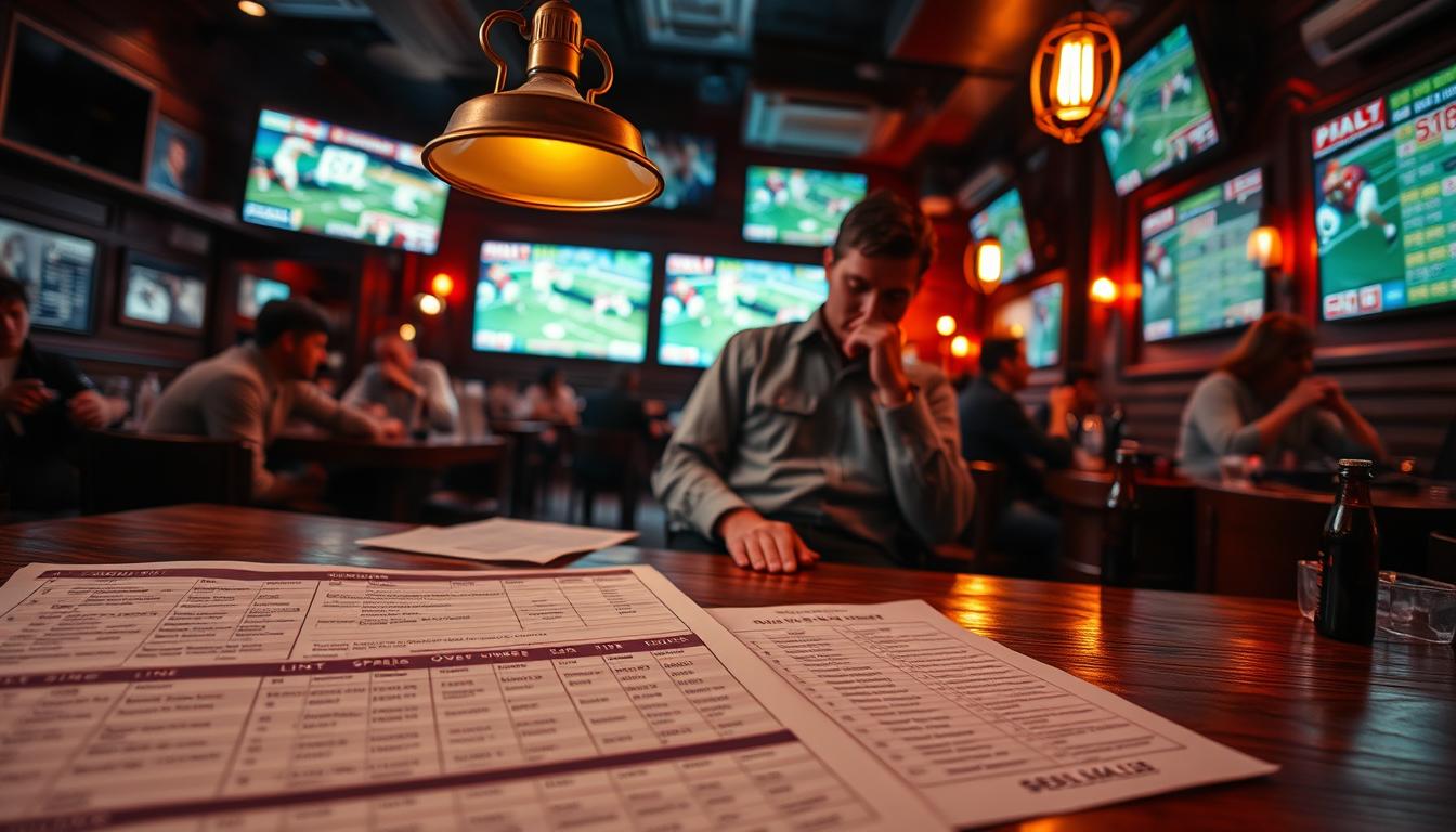 A dimly lit sports bar, patrons intently studying betting slips and screens displaying live football matches. In the foreground, a wooden table with a spread sheet showcasing various football betting strategies - point spreads, money lines, over/unders. The middle ground features a character in a button-up shirt and slacks, deep in thought as they analyze the data. Overhead, a vintage-style lamp casts a warm glow, complementing the cozy, focused atmosphere. The background blurs into the background, emphasizing the task at hand. Subtle details like empty beer bottles and the hum of televisions heighten the immersive, strategic mood.