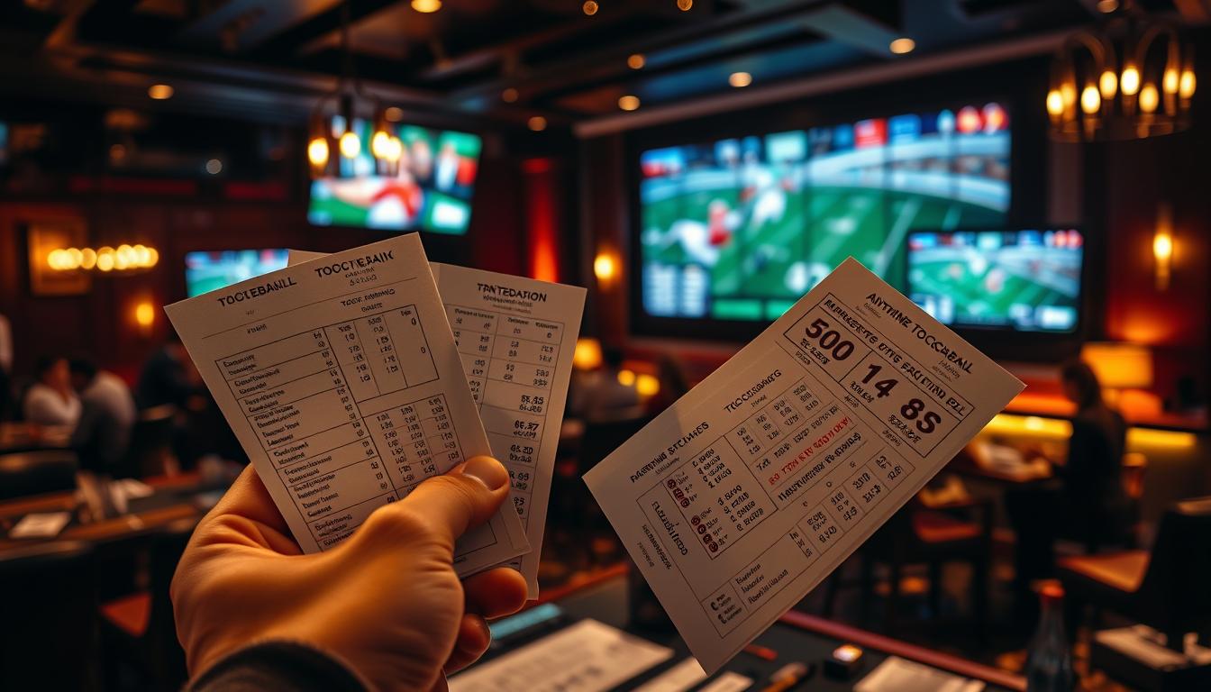 A high-stakes sports betting scene, with a focal point on a hand holding betting slips featuring touchdown icons. The foreground showcases various wagering strategies and odds calculation charts, displayed on a crisp, analytical interface. The middle ground depicts a bustling sports lounge ambiance, filled with tense anticipation as onlookers closely monitor the game action on large screens. The background sets the scene with a dimly lit, elegantly designed betting parlor, conveying an air of sophisticated risk-taking. The lighting is warm and inviting, while the composition maintains a sense of measured professionalism, reflecting the careful consideration involved in successful anytime touchdown betting.