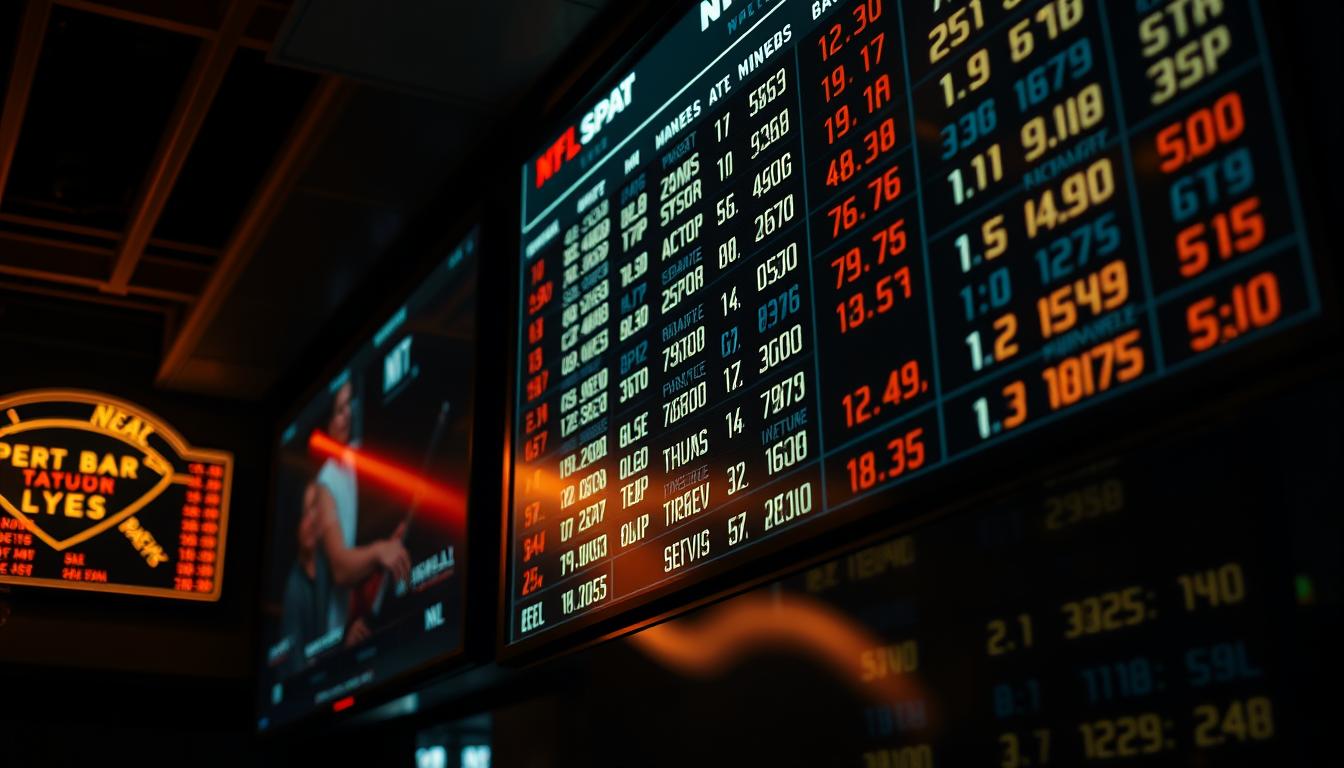 A close-up view of a professional-grade betting board displaying the current NFL point spreads, moneylines, and over/under odds against a backdrop of a dimly lit sports bar interior. The board is prominently featured, with its crisp, neon-lit numbers and symbols casting a warm glow across the scene. The lighting is low and moody, creating an atmosphere of intensity and anticipation as bettors study the lines, considering their next wager. The camera angle is slightly elevated, providing a clear view of the board while capturing the energy and excitement of the sports betting environment.