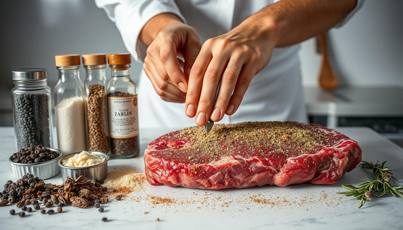 A well-lit countertop showcases an array of seasoning ingredients for zabuton steak: coarse sea salt, freshly cracked black peppercorns, garlic powder, onion flakes, and a blend of fragrant dried herbs like rosemary, thyme, and oregano. In the foreground, a chef's hands delicately rub the spice mixture into the thick-cut zabuton steak, creating a savory, aromatic crust. Behind, a clean, minimalist kitchen setting with muted colors provides a clean backdrop, allowing the seasoning process to be the focal point. Soft, directional lighting casts subtle shadows, enhancing the textures and details of the ingredients. The overall mood is one of precision, care, and anticipation for the perfectly seasoned zabuton steak to come.