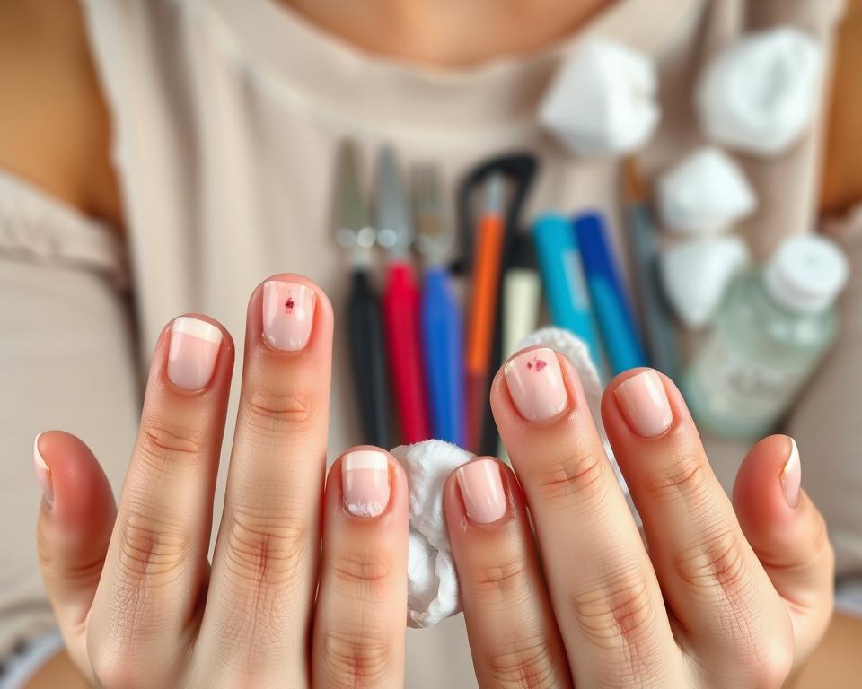 A close-up view of a woman's hands, showcasing various nail design mistakes. The foreground depicts common issues like uneven polish application, smudged cuticles, and chipped nail beds. The middle ground features an assortment of nail care tools, such as nail files, cuticle pushers, and acetone-soaked cotton balls, hinting at the troubleshooting process. The background is softly blurred, creating a sense of focus on the problematic nails. The lighting is natural and slightly diffused, highlighting the textural details of the nails and creating subtle shadows to emphasize the imperfections. The overall mood is one of careful examination and problem-solving, inviting the viewer to explore the common pitfalls of nail design.