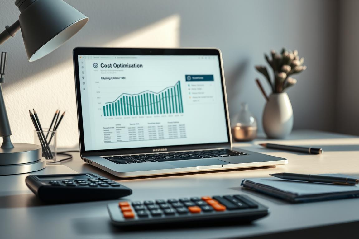 Photorealistic desk workspace with a sleek laptop, displaying a detailed financial chart analyzing cost optimization for an online store. Soft, directional lighting casts subtle shadows, creating a professional, analytical atmosphere. In the foreground, a calculator and stationery items hint at the careful financial calculations being performed. The middle ground features a clean, minimalist Polish-style decor, emphasizing efficiency and practicality. The background showcases a serene, distraction-free environment, allowing full focus on the task at hand. The overall scene conveys a sense of strategic thinking and cost-conscious decision-making for an e-commerce business.