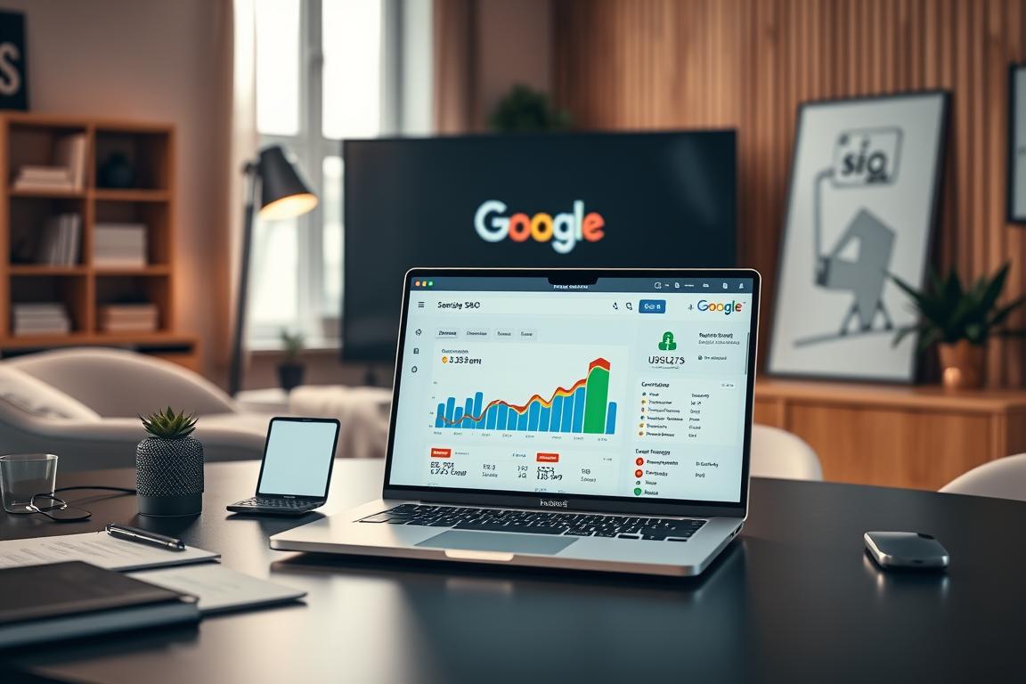 Photorealistic scene of a Polish office workspace focused on a sleek black desk with a modern laptop displaying an analytics dashboard of SEO tools. The foreground showcases various SEO-related items like keyword research software, website auditing apps, and link analysis utilities. The middle ground features a large Google search screen reflecting the importance of search engine optimization. The background depicts a cozy, minimalist office setting with warm lighting and wooden accents, creating a professional yet inviting atmosphere for optimizing an e-commerce website.